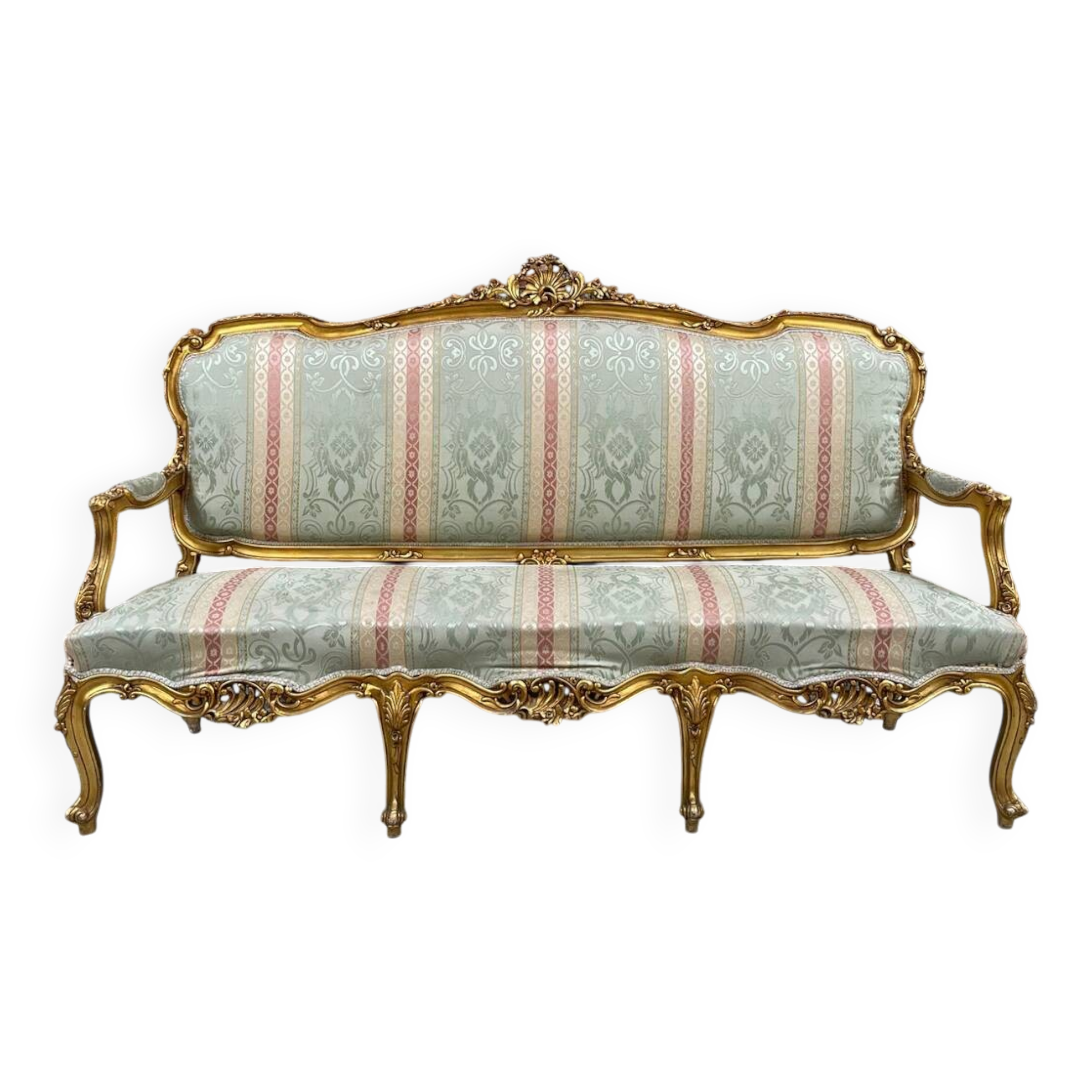 Antique Louis XV Style Gilded Sofa with Gobelin Upholstery