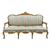 Canapé ancien de style Louis XV doré avec revêtement Gobelin