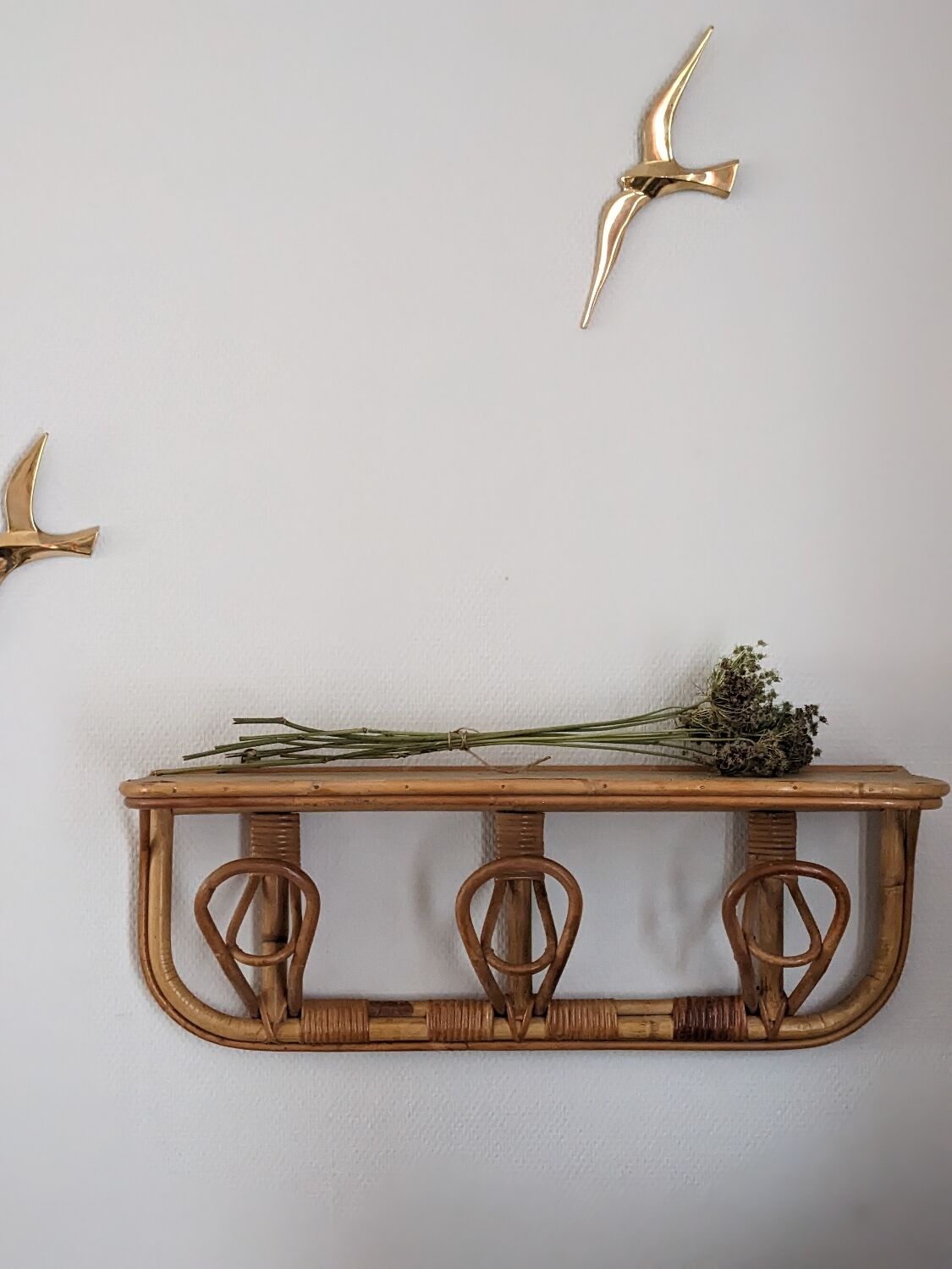 Shelf coat rack hooks vintage rattan
