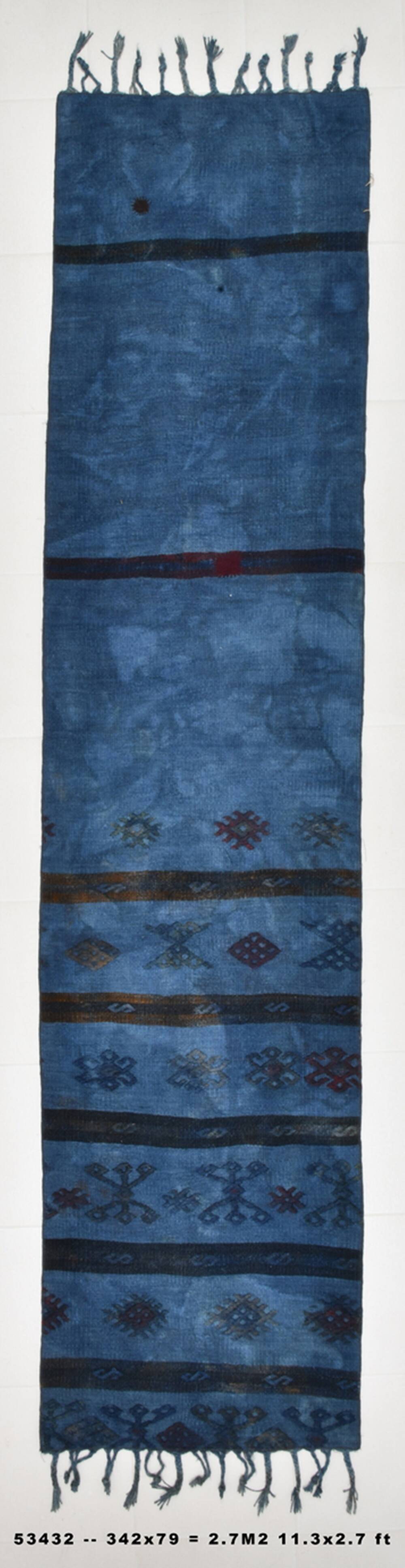 Blue Black Antique Turkish Runner Rug, 79x342Cm