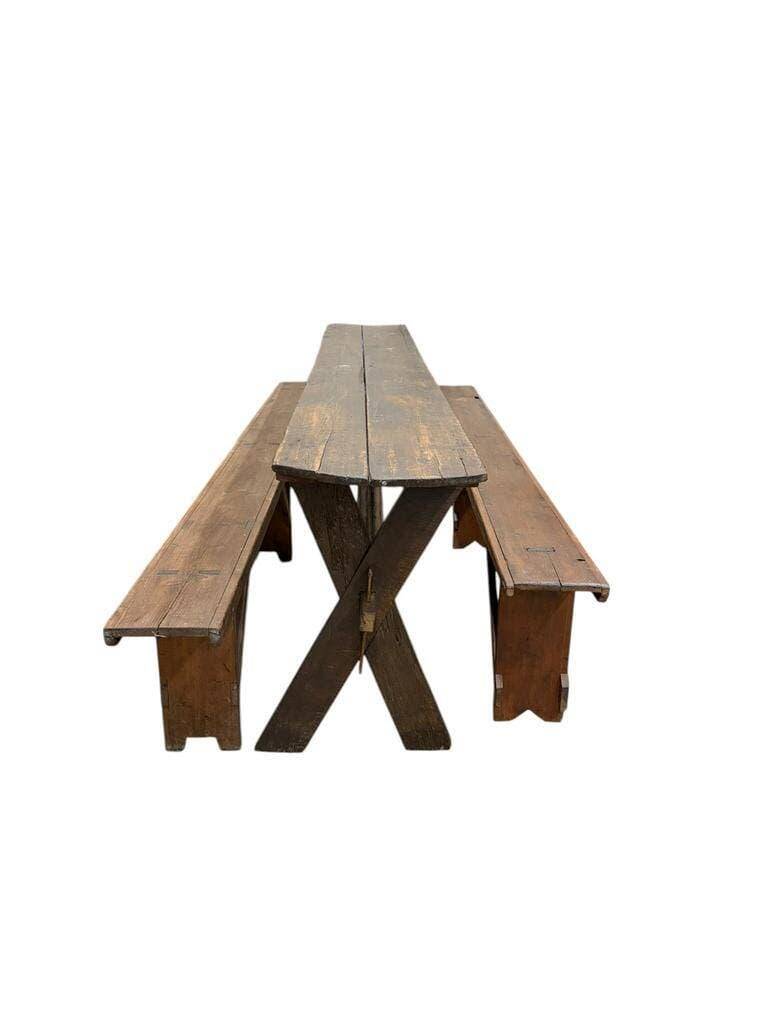 Table XL vintage en bois / Table de jardin avec bancs intégrés