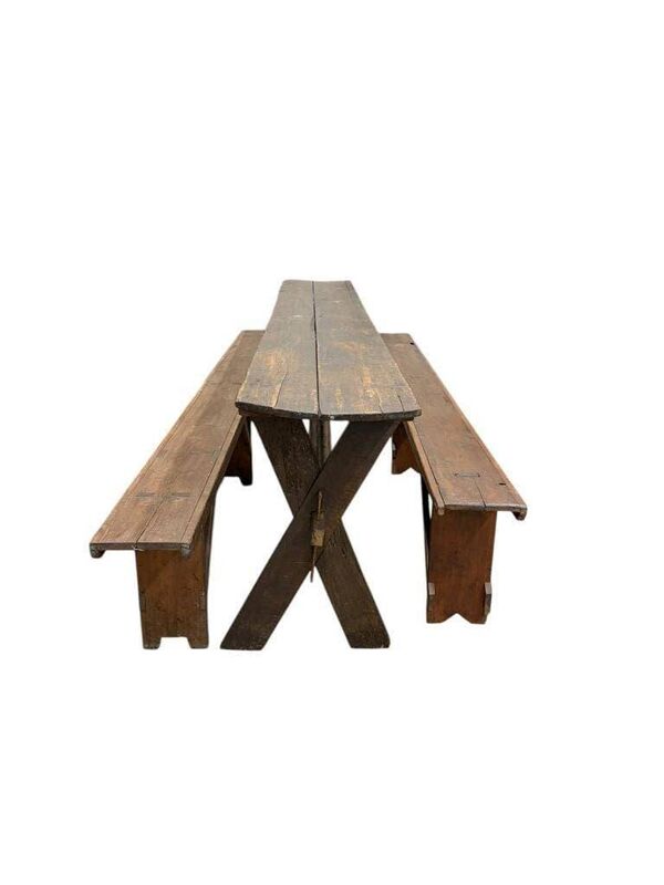 Table XL vintage en bois / Table de jardin avec bancs intégrés