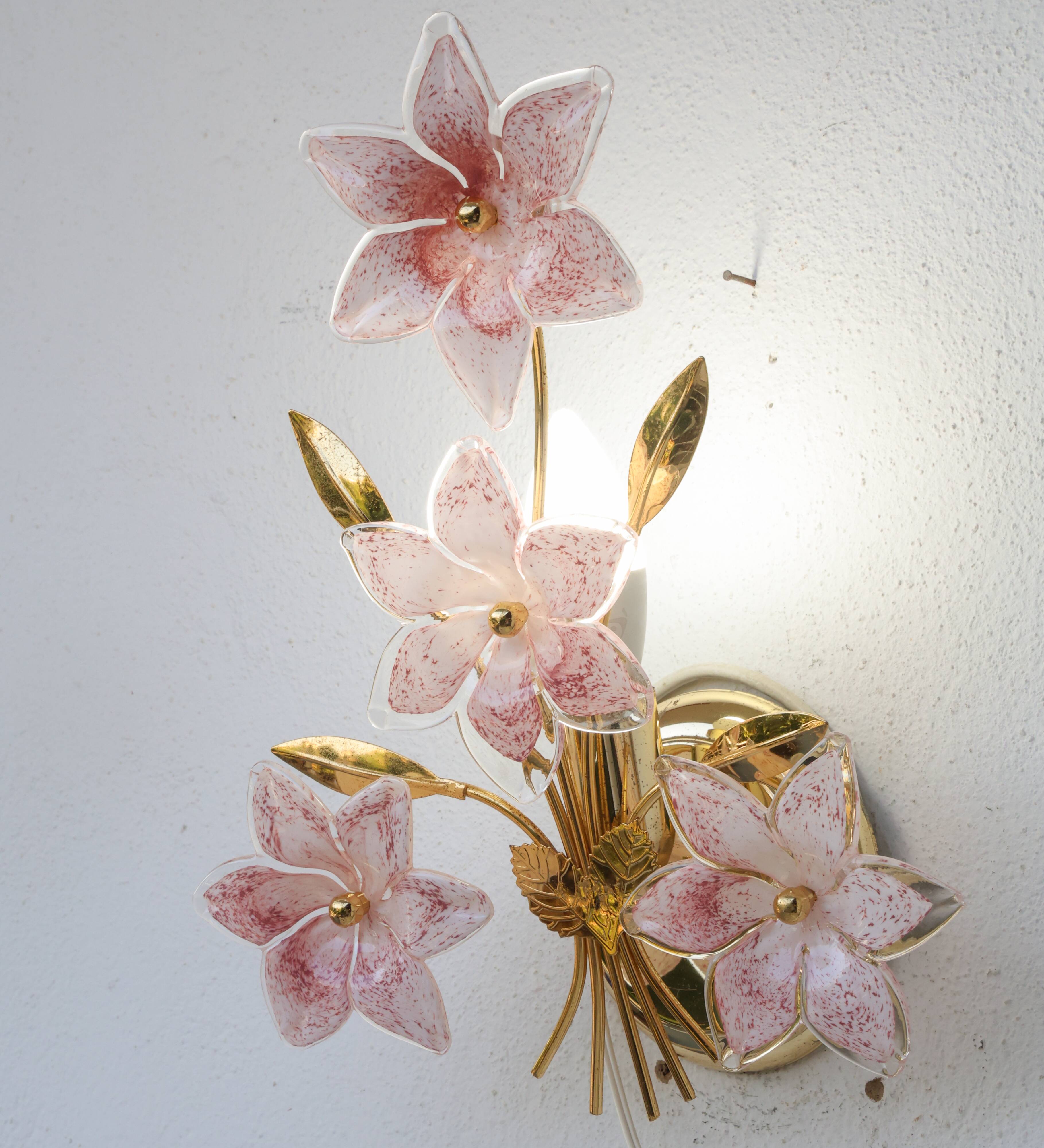Ensemble de 2 appliques Murano fleurs roses, années 1970