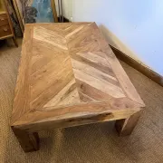 Large coffee table made of solid sheesham wood, with a diamond point marquetry top.