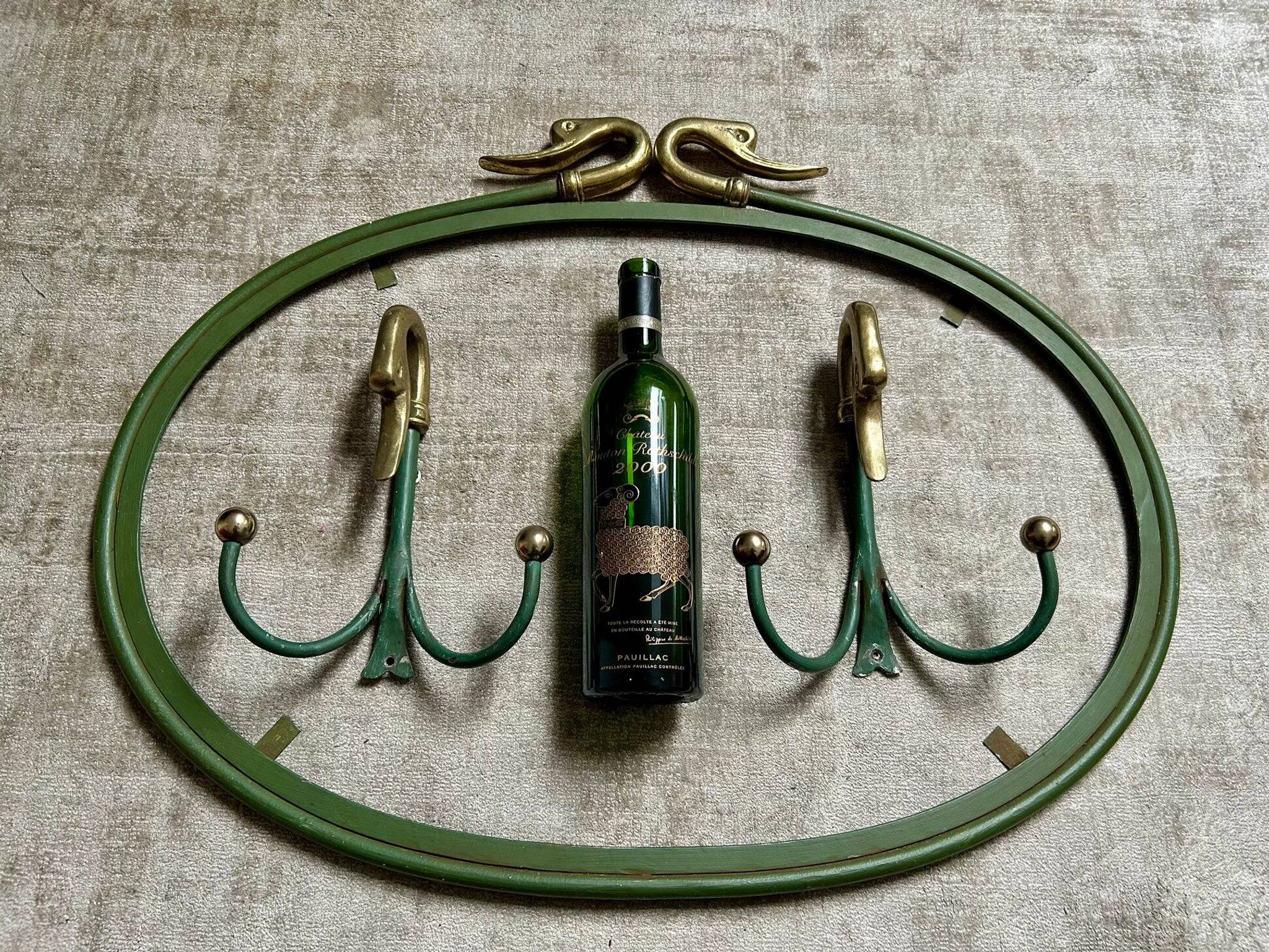Rare set of swan neck coat hooks with mirror frame attributed to Maison Jansen, France, 1950s.
