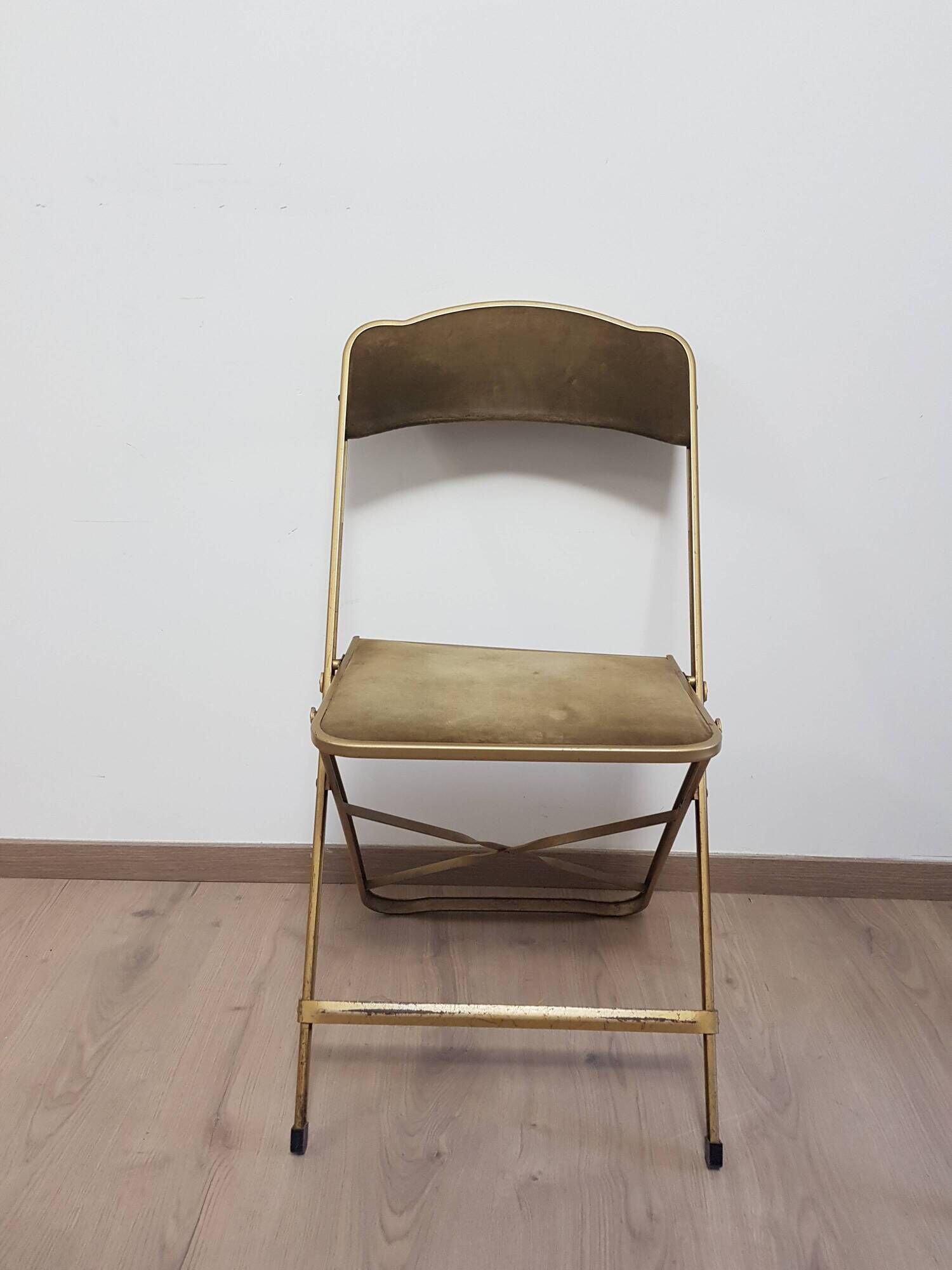 Set of 4 opera theater folding chairs from the 70s two-tone velvet brass