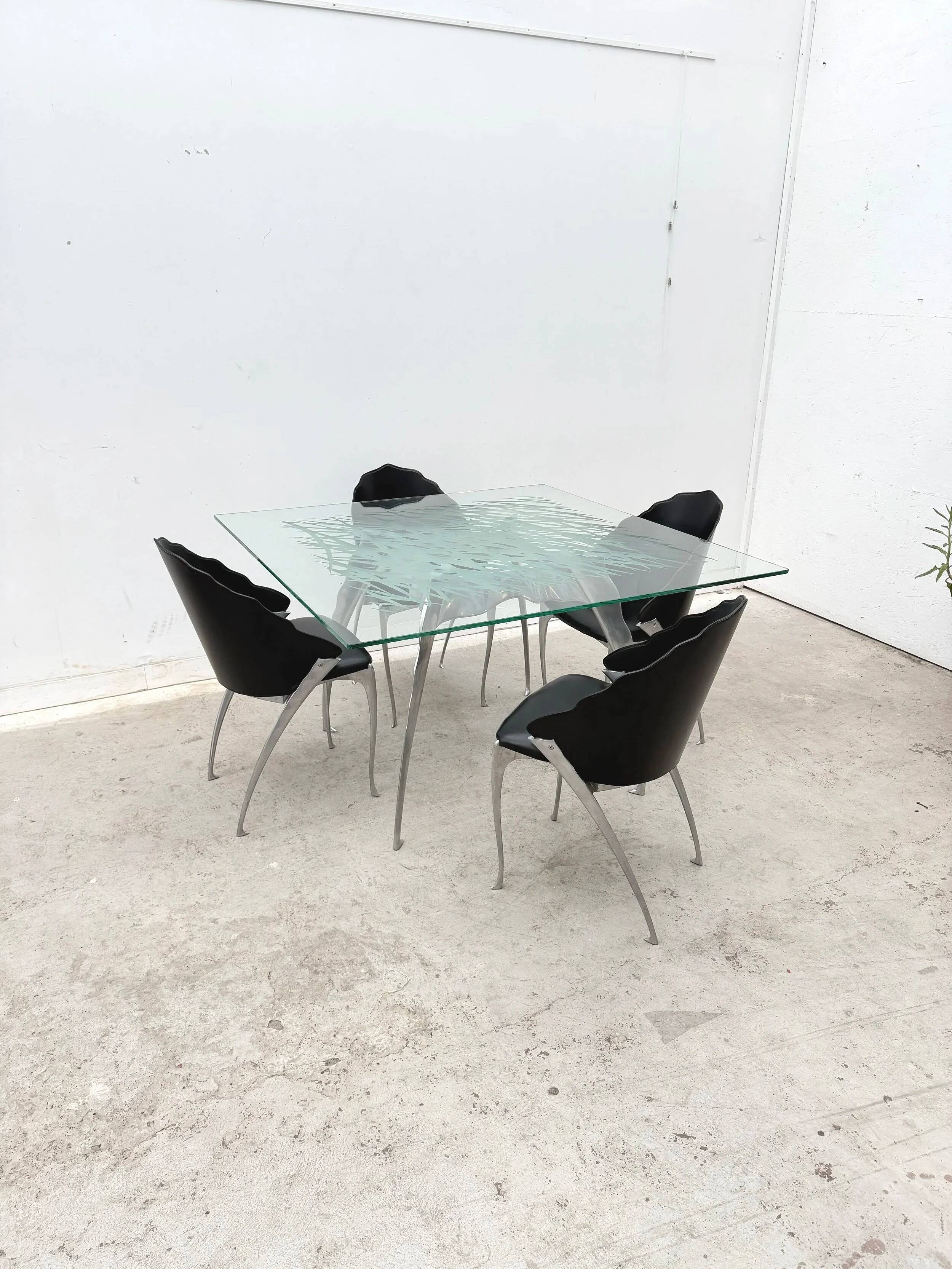 Dining table by Bernard Dequet for Protis France Design in cast aluminum and leather, France 1980