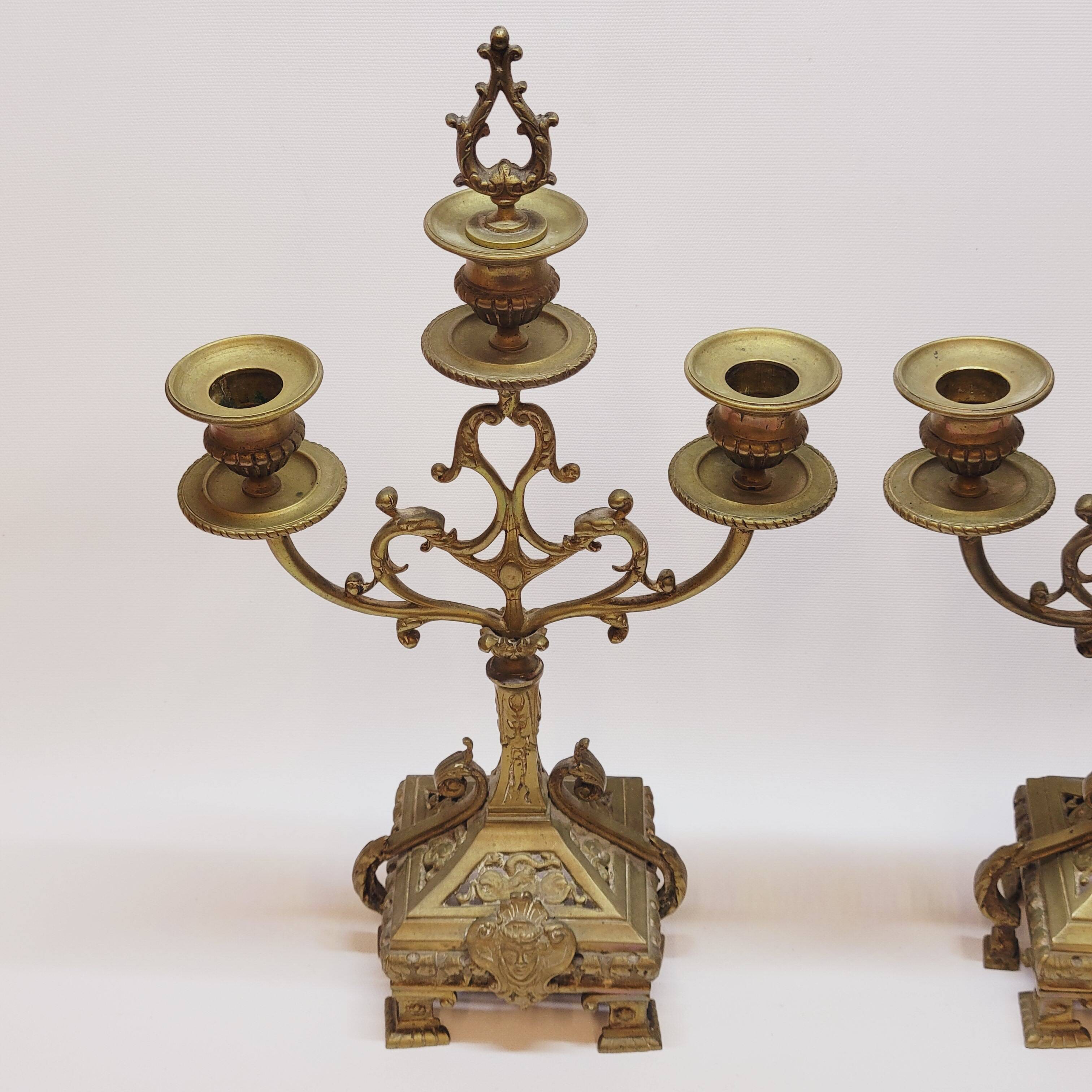 Old pair of 3 branched brass candlesticks