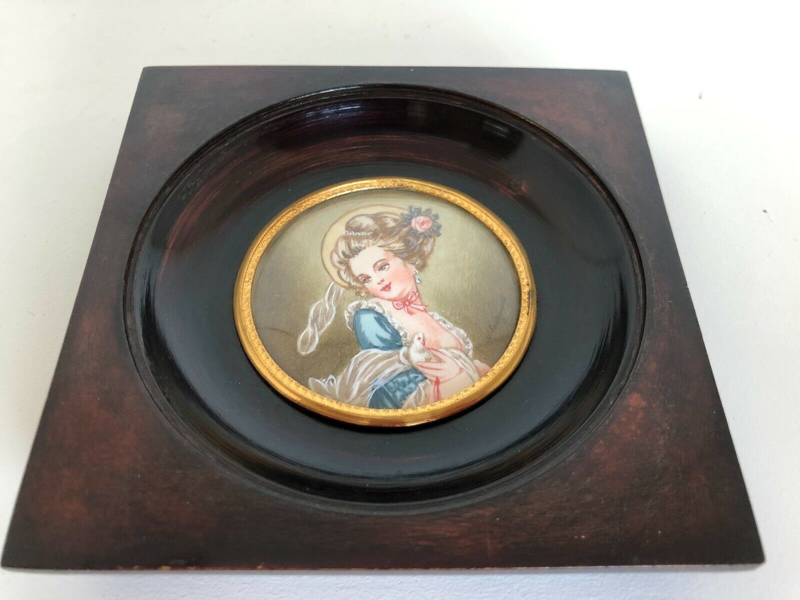 Miniature peinte à la main d'apres Fragonard cadre en bois vers 1900