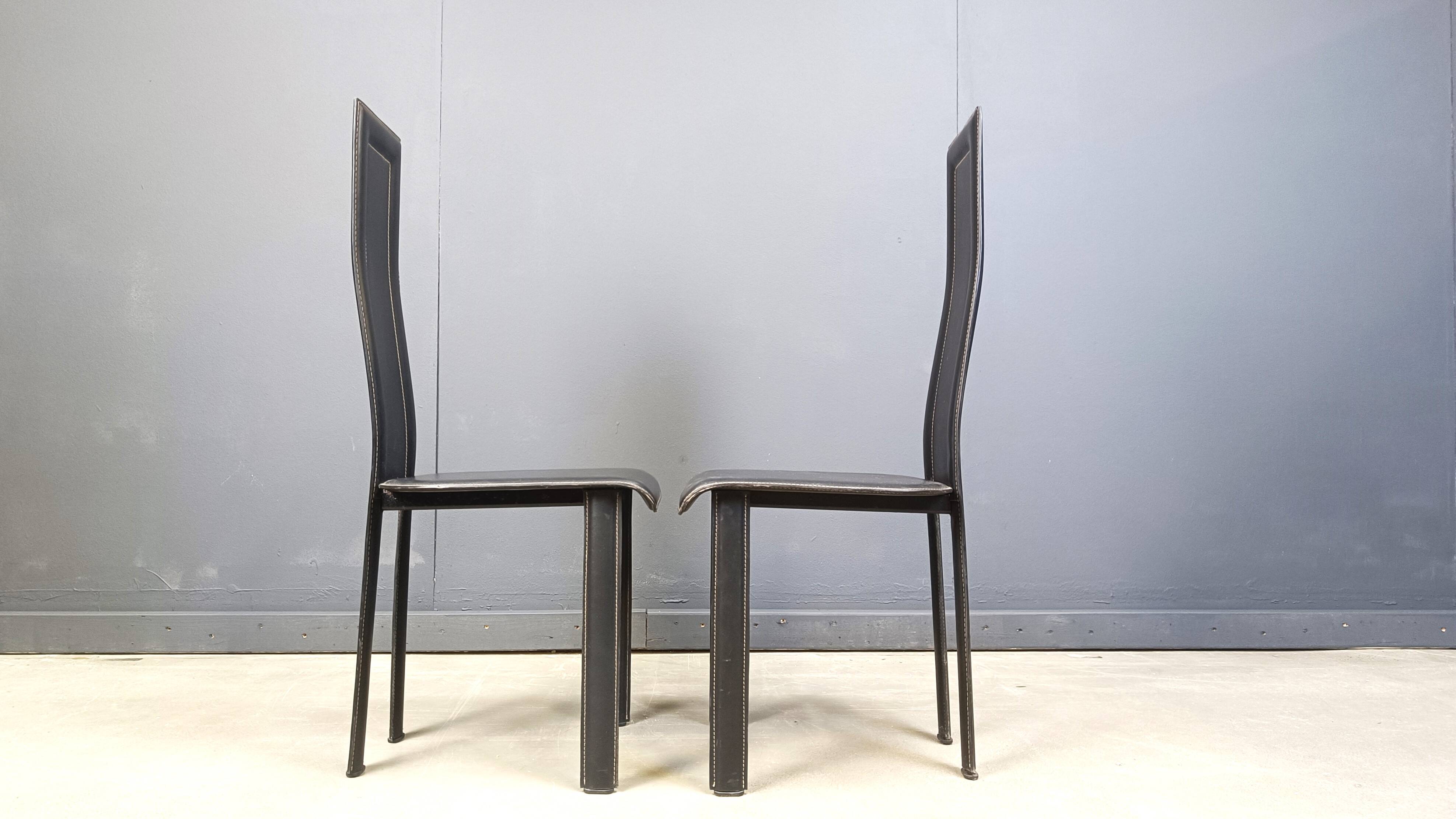 Set of 6 post modern black leather dining chairs, 1980s