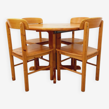 Suite d’une table ronde avec rallonge et 4 chaises vintage en pin des années 60 70