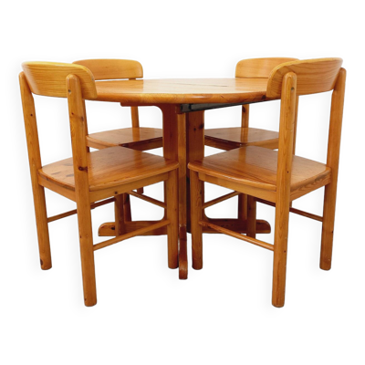 Suite d’une table ronde avec rallonge et 4 chaises vintage en pin des années 60 70