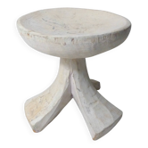 antique small tripod bench/stool in solid carved brutalist wood