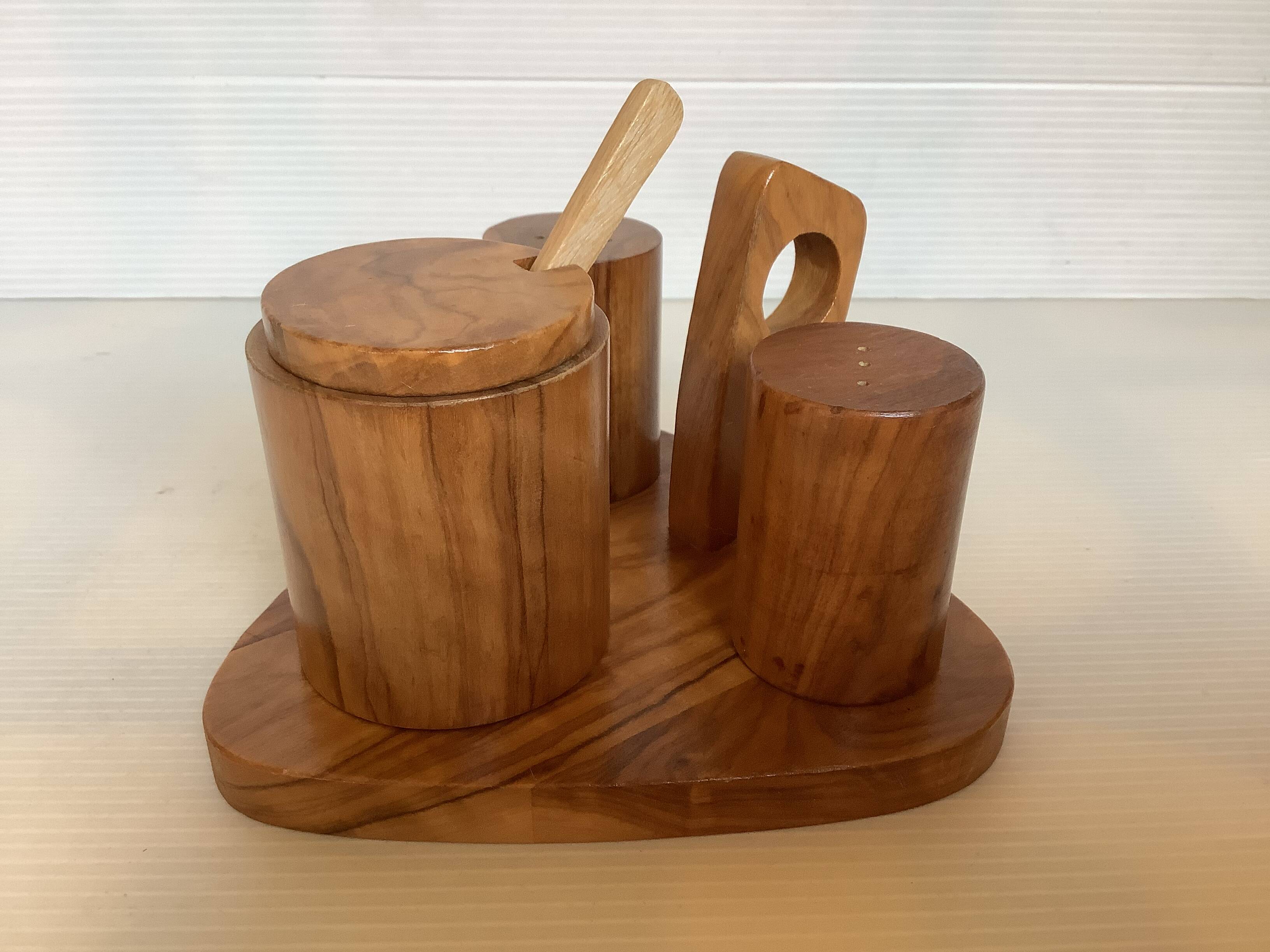 Olive wood mustard salt and pepper server