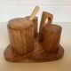 Olive wood salt and pepper server with mustard pot.