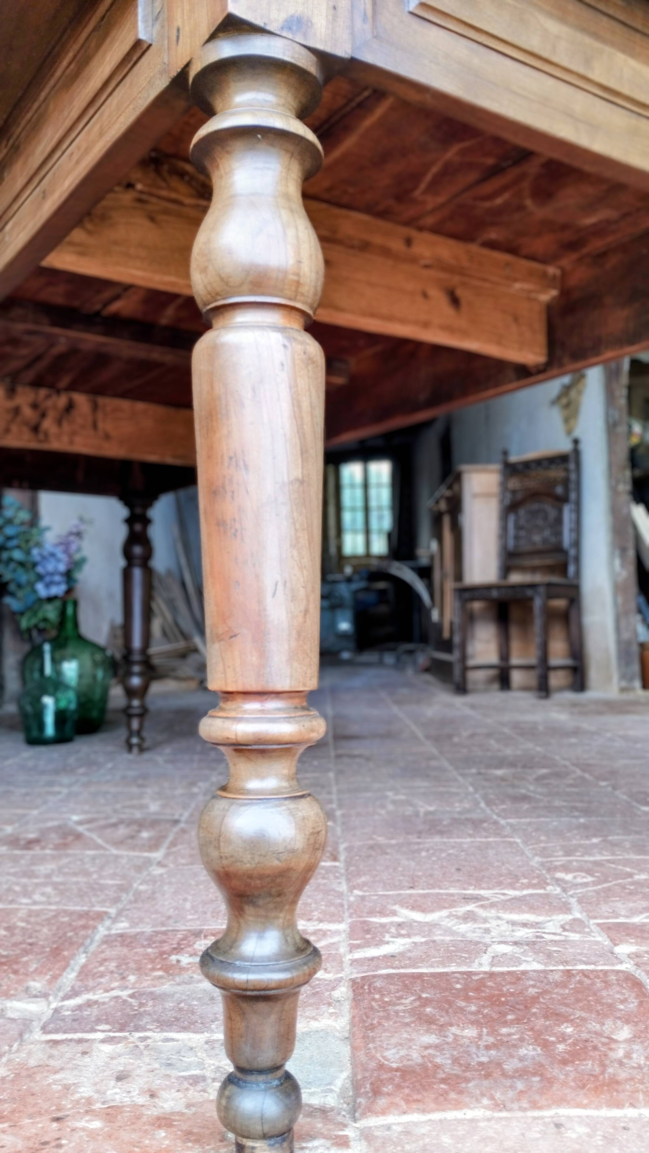 Old French farmhouse table in walnut, turned legs, waxed finish