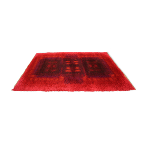 Tapis moderniste rouge multi-color high pile grand tapis rya par Desso années 1970 170x240cm