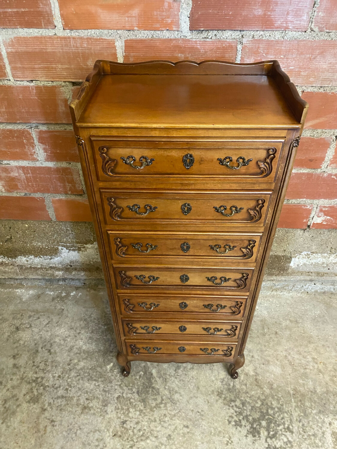 Antique louis xv style weekly chest wood 7 drawers & vintage metal handles