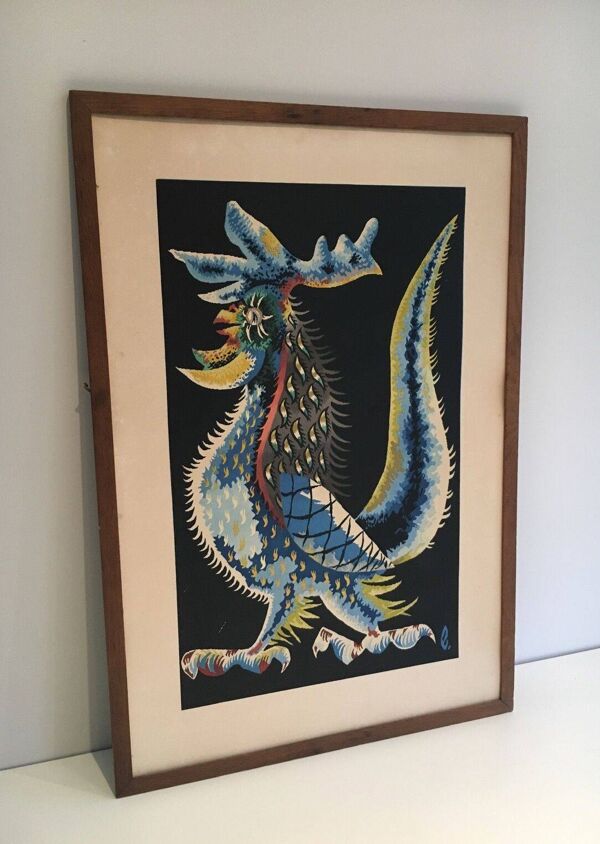 Impression représentant un coq. Travail français signé Jean Lurçat. Vers 1970