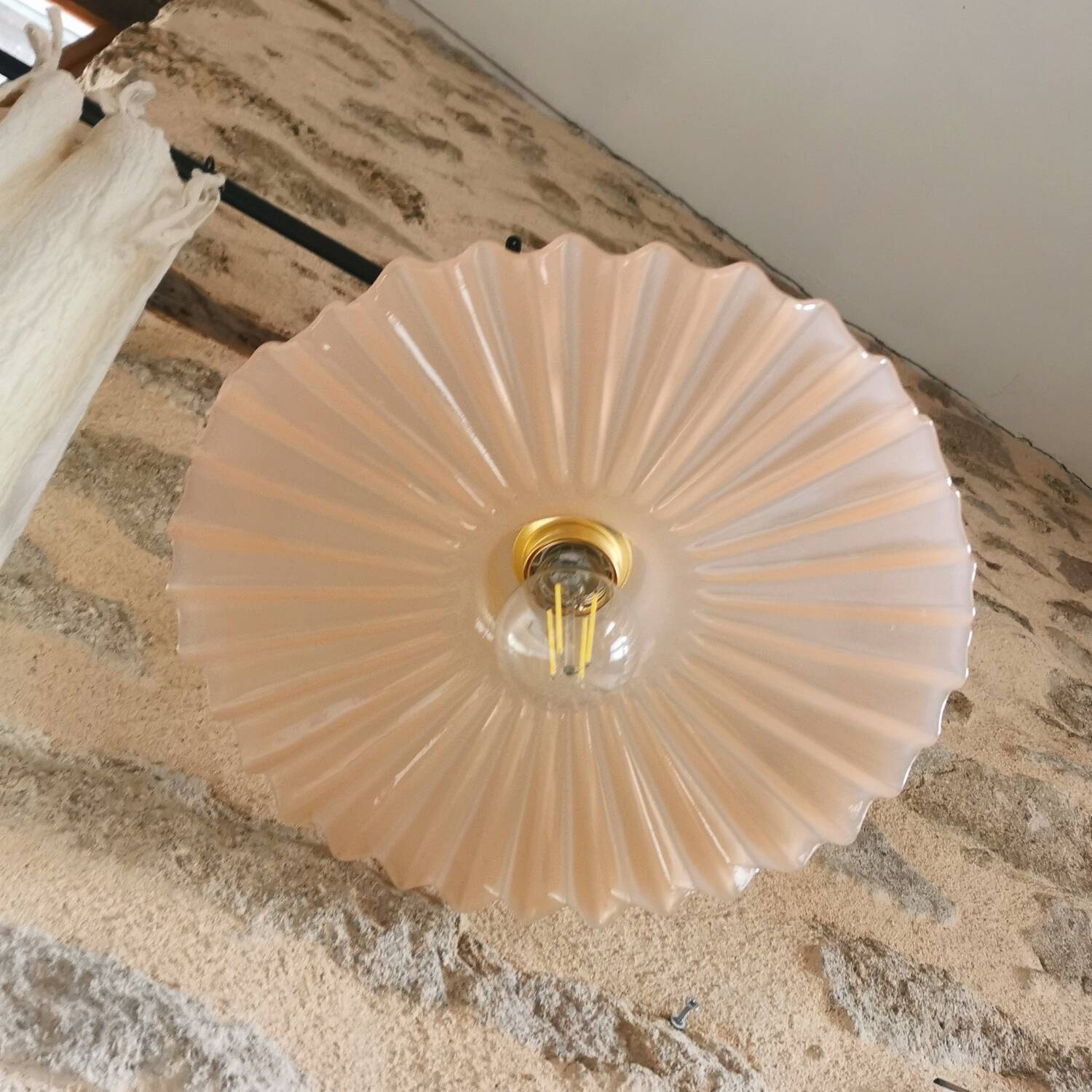 Vintage opaline pink pleated molded glass pendant light