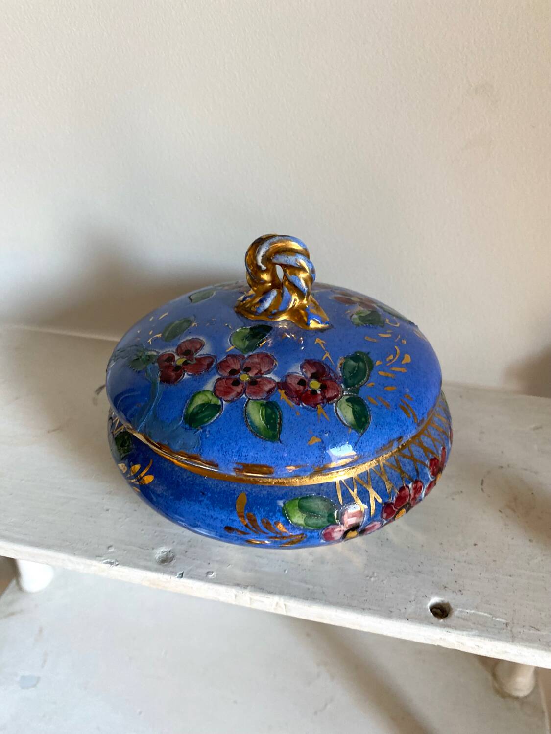 Old blue earthenware jewelry box