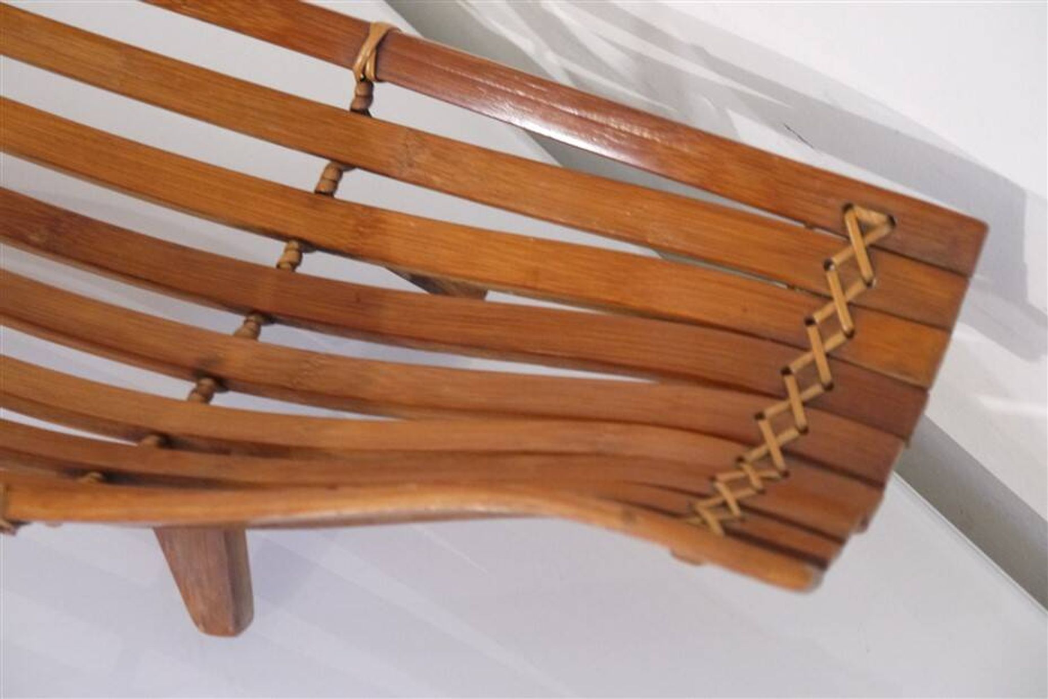 Vintage curved wood and rattan basket 1960