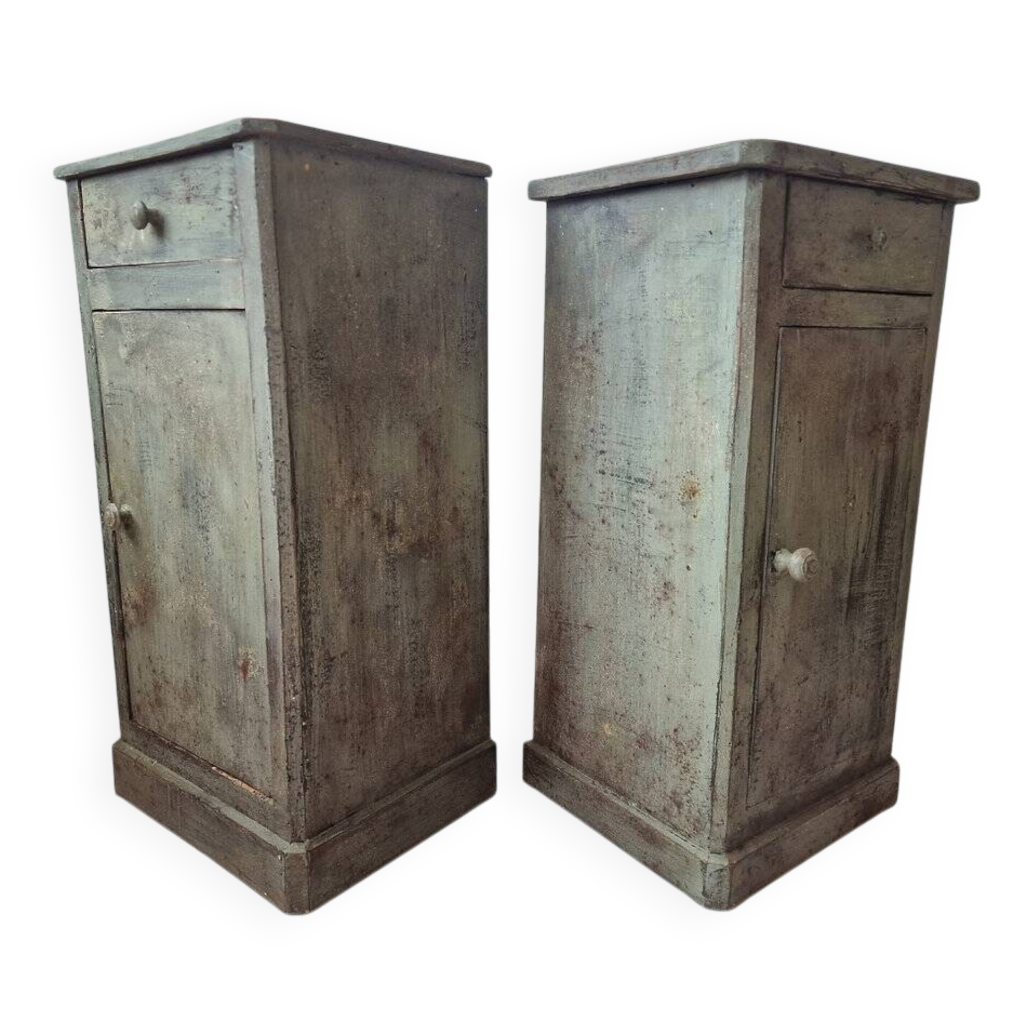 Pair of antique bedside tables with a green patina