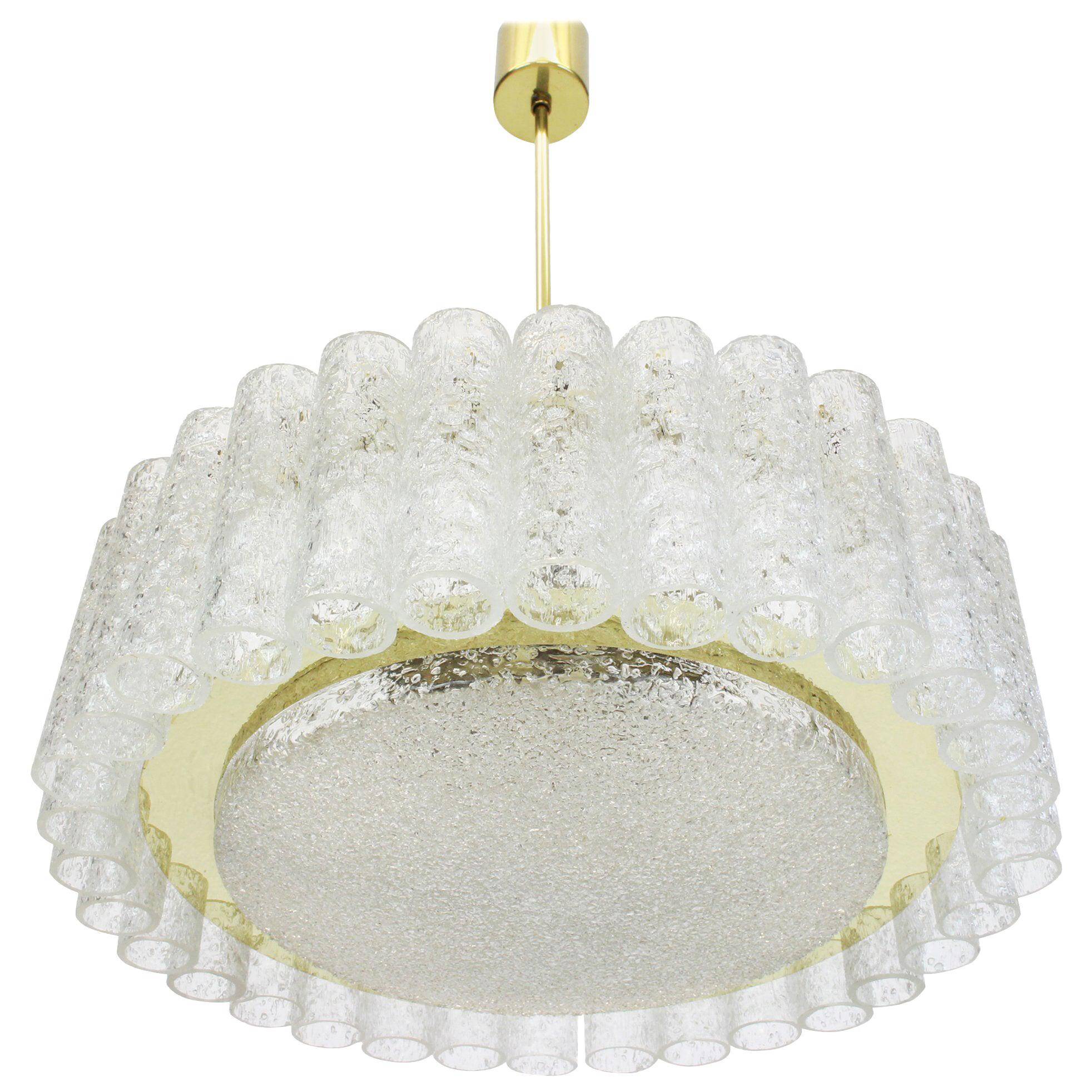 Frosted glass tube chandelier Doria with brass surround, Germany, 1960s