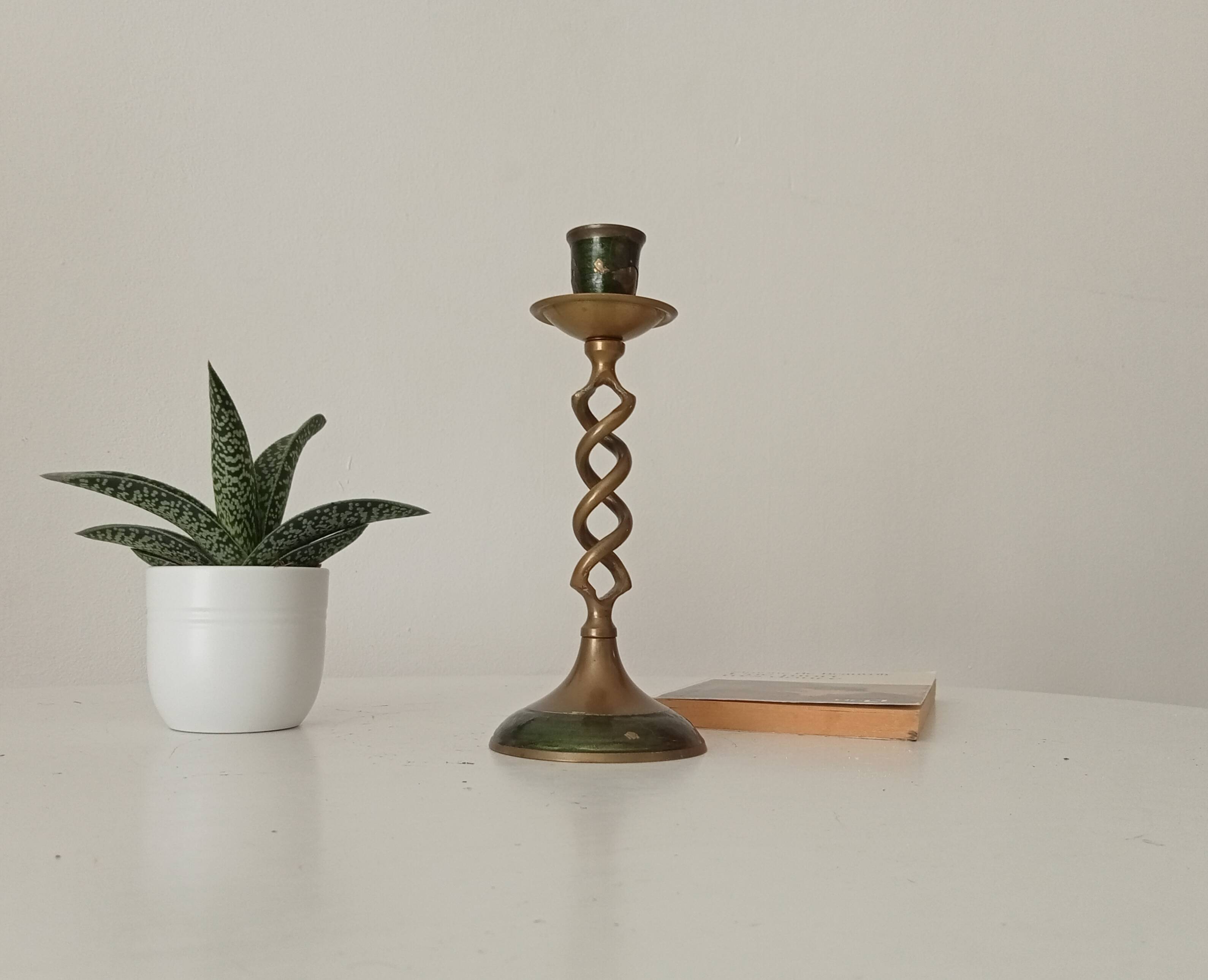 Twisted vintage candlestick in enamelled solid brass