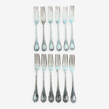 Silver metal crystal table forks, Marly model, 12 pieces
