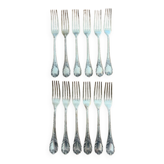 Silver metal crystal table forks, Marly model, 12 pieces