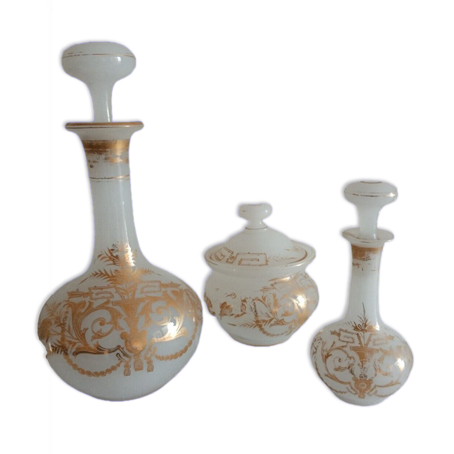 Suite Carafe, Carafon and Pot Opaline with gilded decorations XIX th