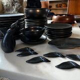 Ceramony Vallauris tableware set in matt black earthenware 1950 - 38 pieces