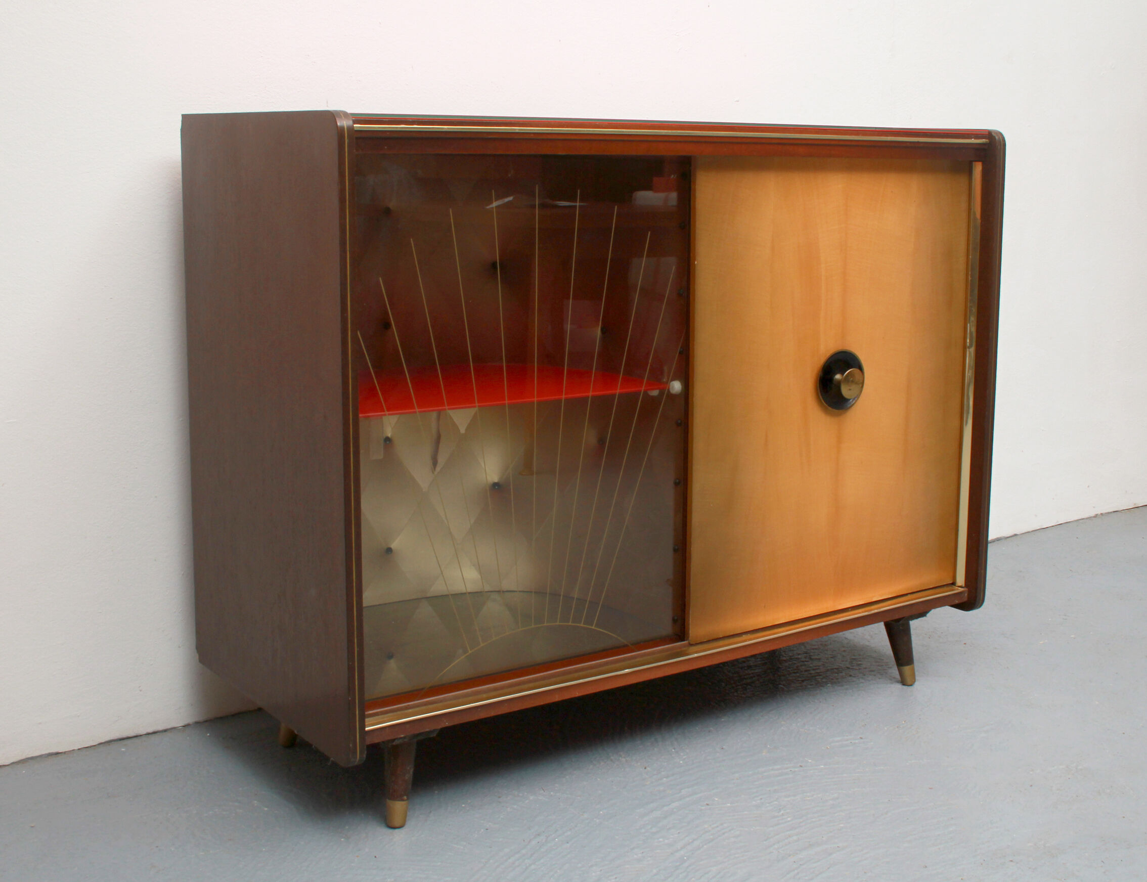 1950s bar cabinet in maple and glass