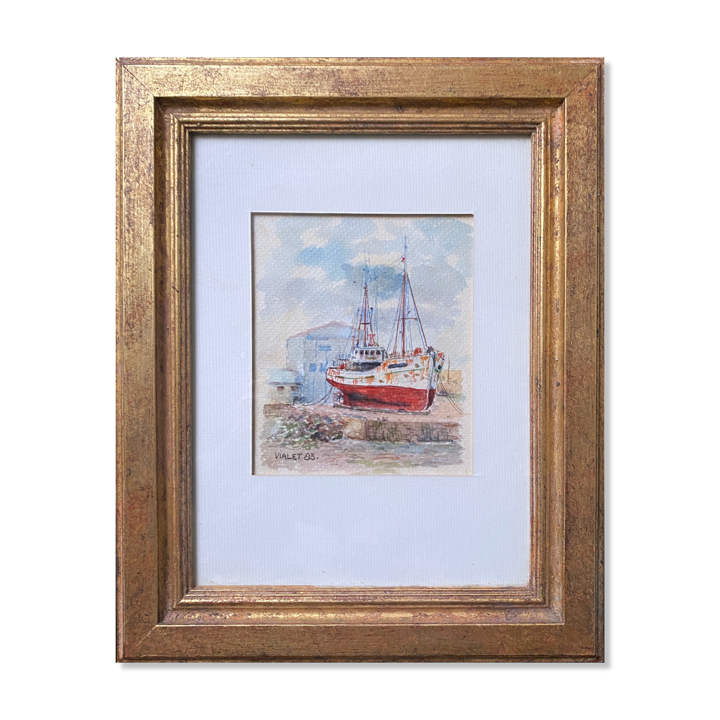 Watercolor painting "trawler in cable" signed vialet (19)83 + frame