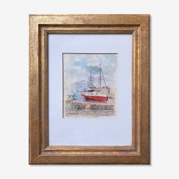 Tableau aquarelle "chalutier en câle" signé vialet (19)83 & cadre