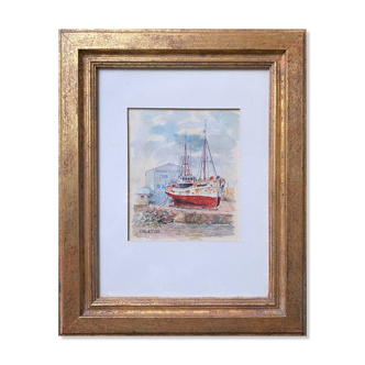 Watercolor painting "trawler in cable" signed vialet (19)83 + frame