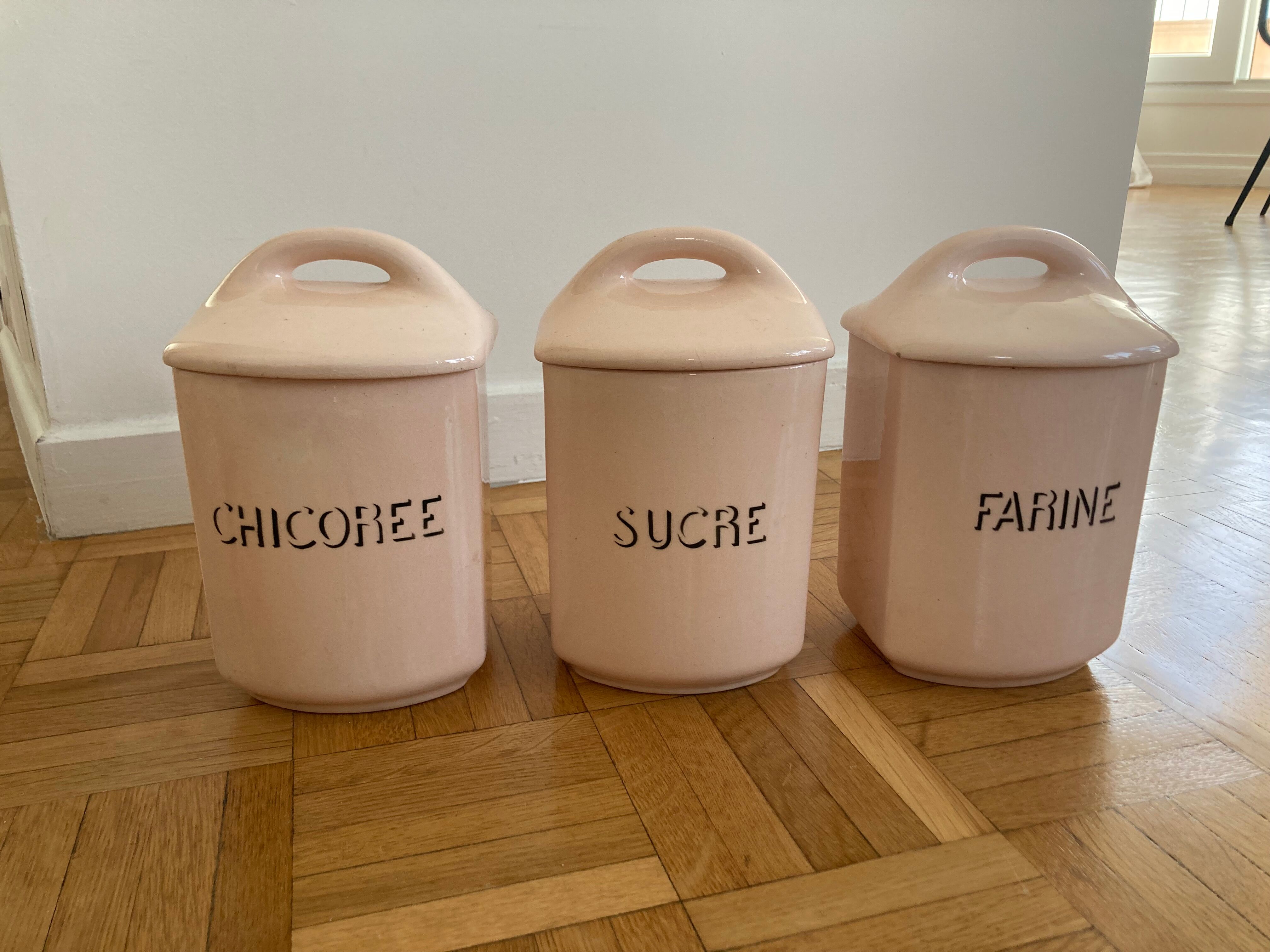 3 antique spice pots in pale pink earthenware from saint amandinoise