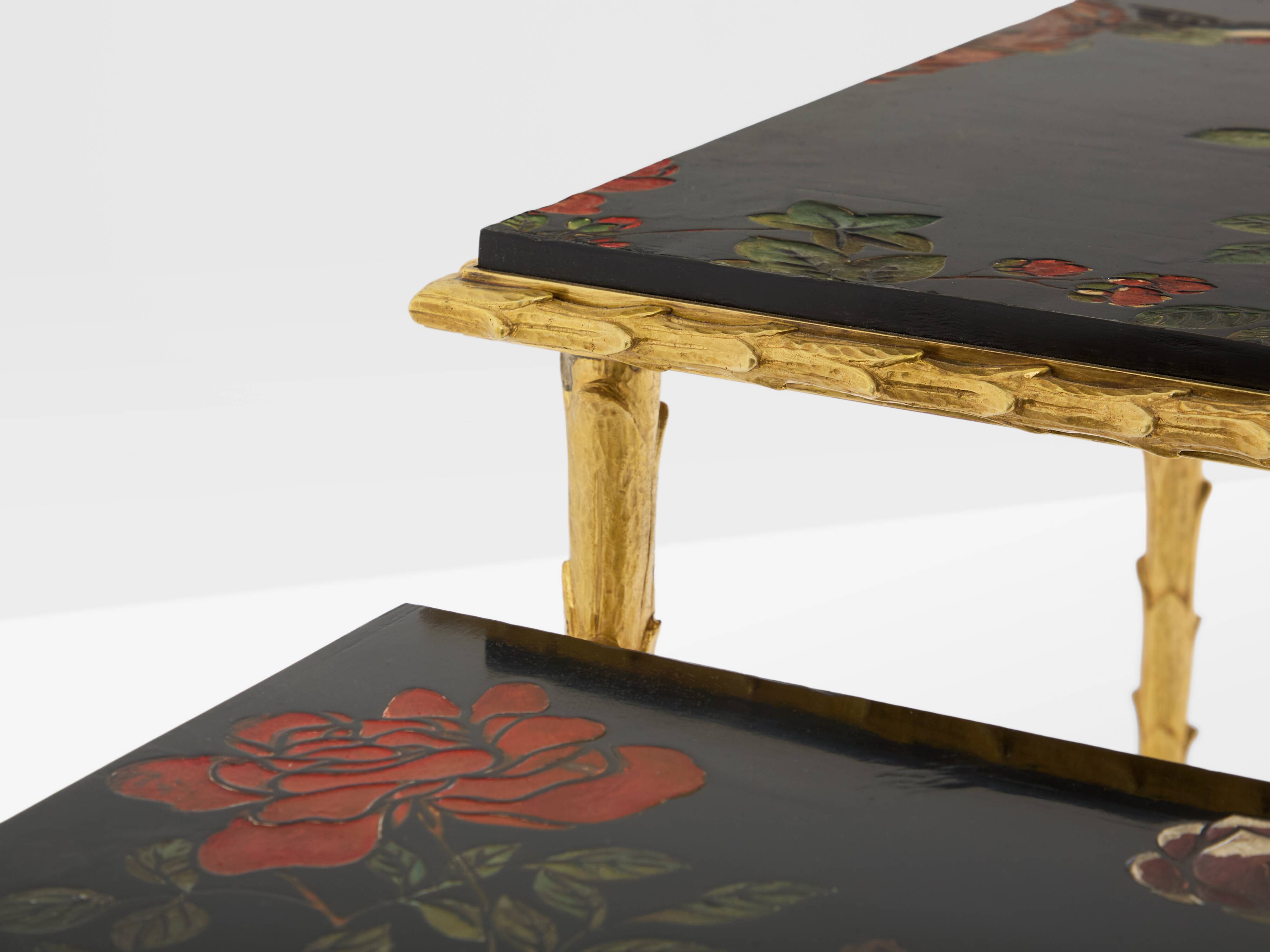 Bronze-gilded foliage side tables, Chinese lacquer, Maison Baguès, 1950.