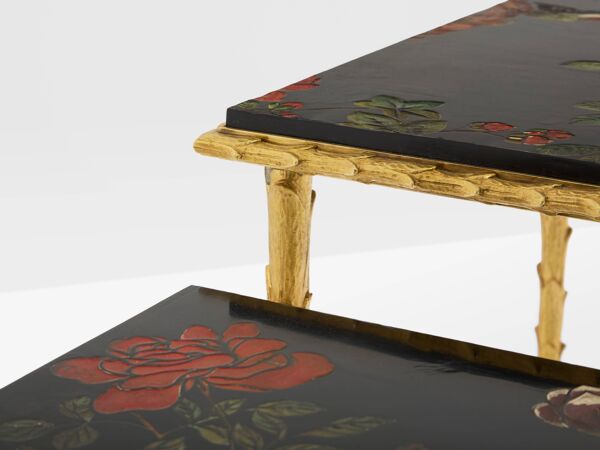 Tables d’appoint feuillage bronze doré laque de Chine Maison Baguès 1950