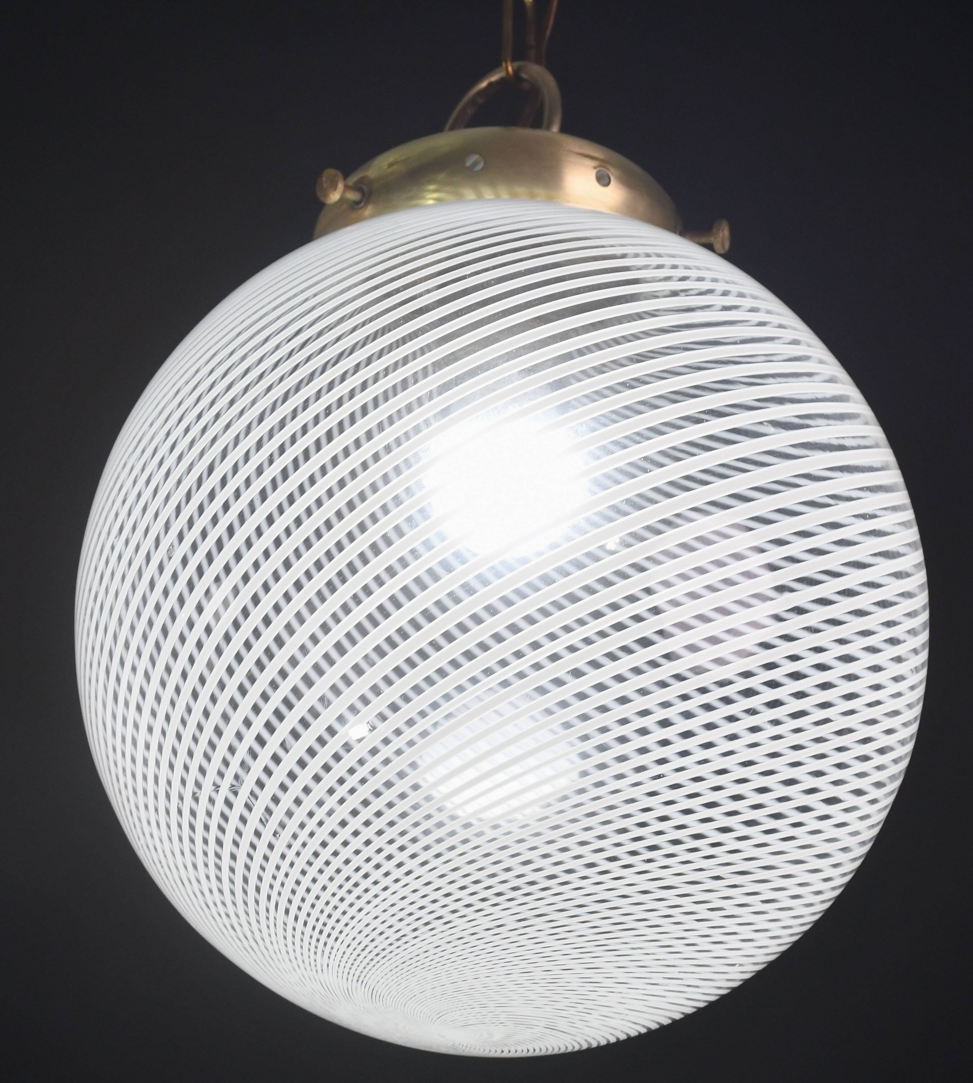 Italian Mid-Century Pendant Light with Optic Spiral Glass Globe and Restore Bras