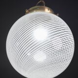 Italian Mid-Century Pendant Light with Optic Spiral Glass Globe and Restore Bras