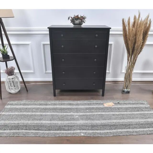 1970s Turkish flatweave handwoven grey white striped kilim rug 72x225