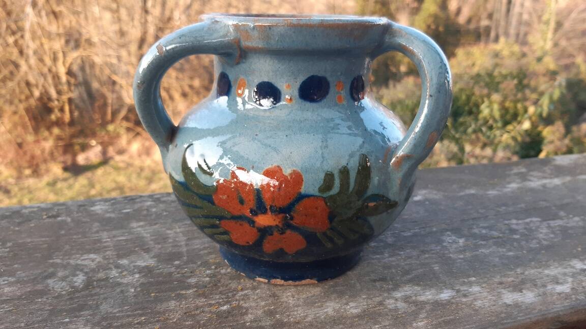 Vase with 3 handles in glazed terracotta Alsace early 20th century