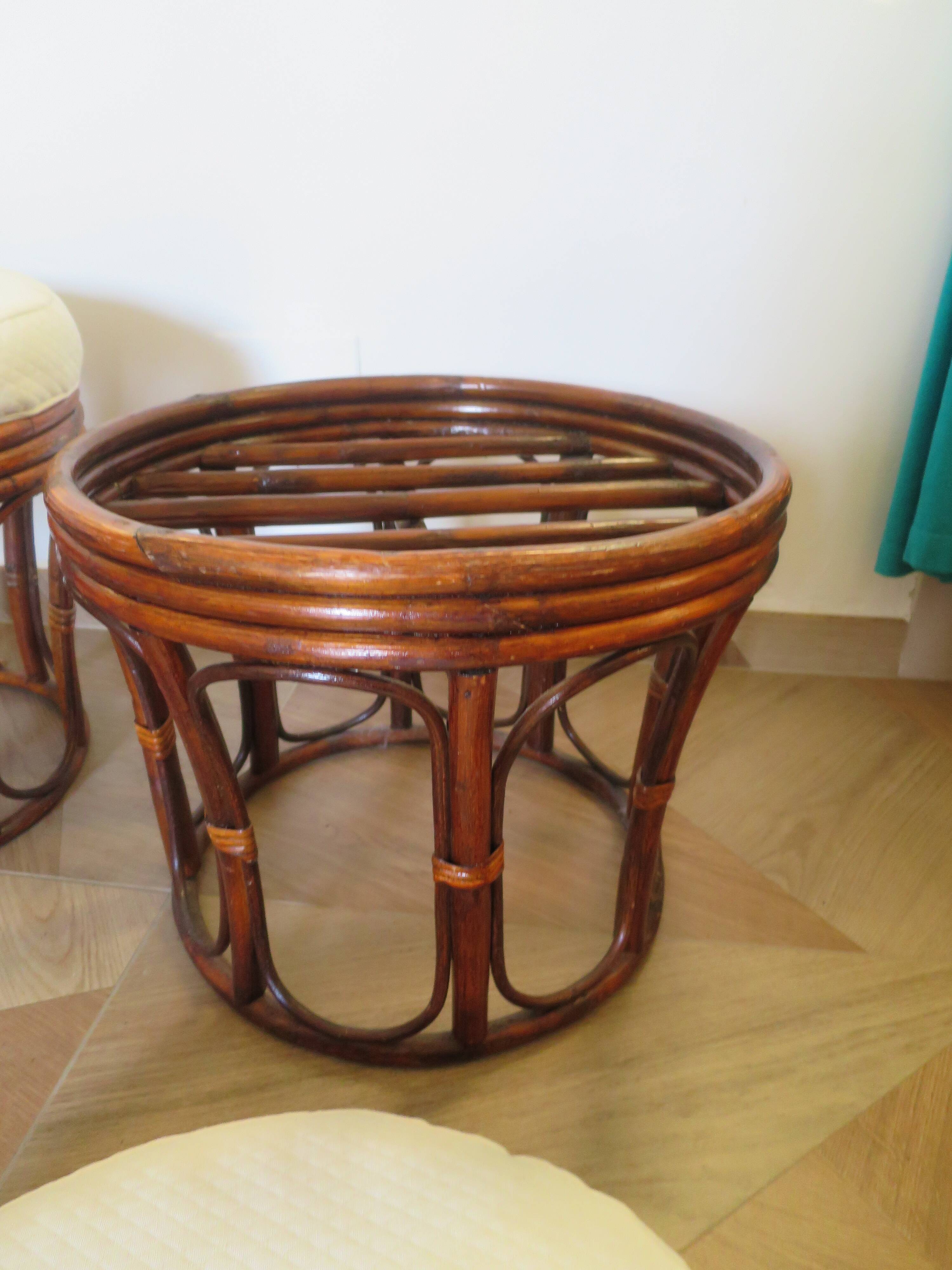 Pretty pair of 2 bamboo and rattan stools with cushions - 80s - Vintage - set of 2