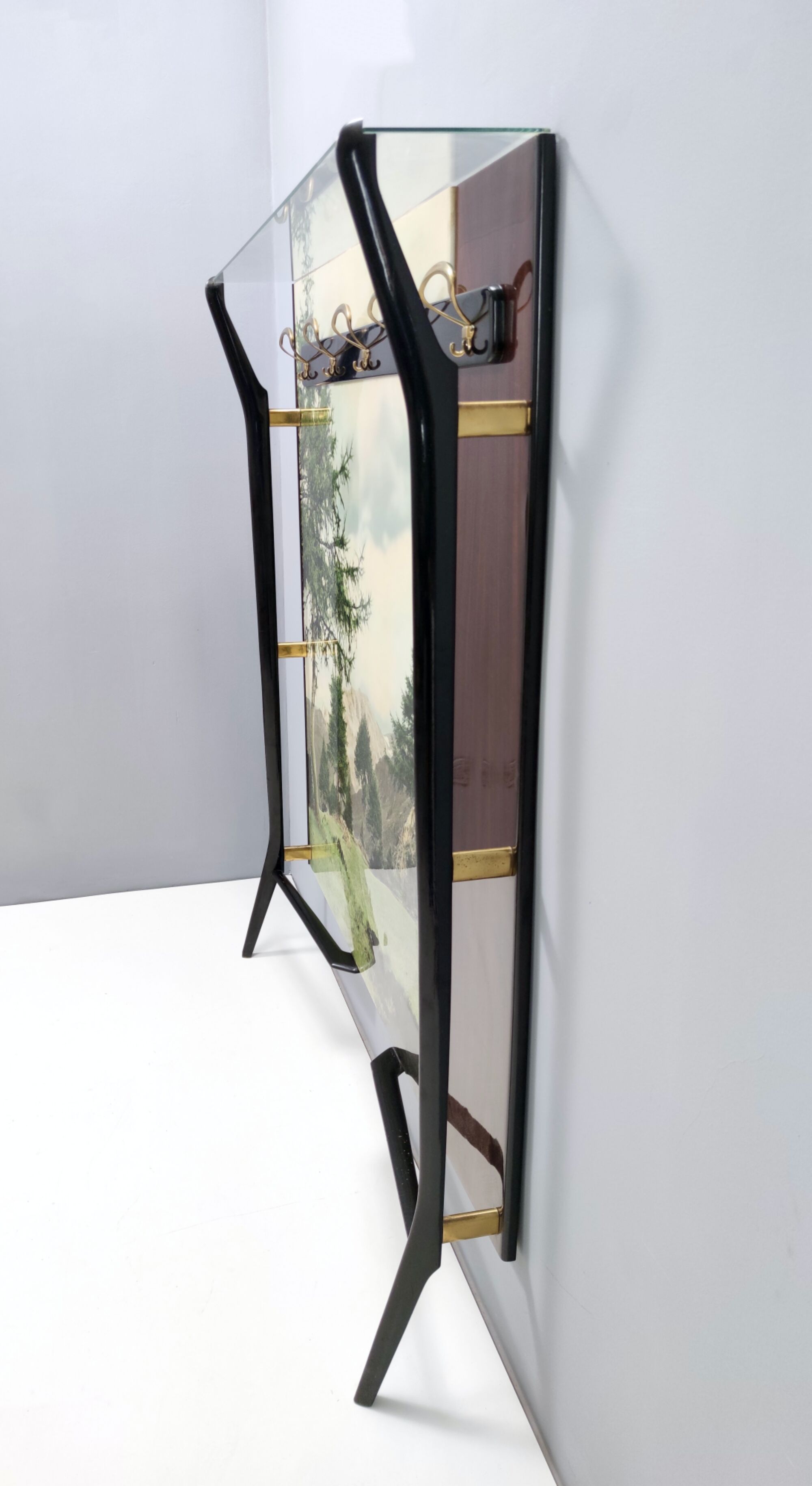 Vintage Ebonized Beech, Brass and Glass Coat Rack with a Landscape, Italy