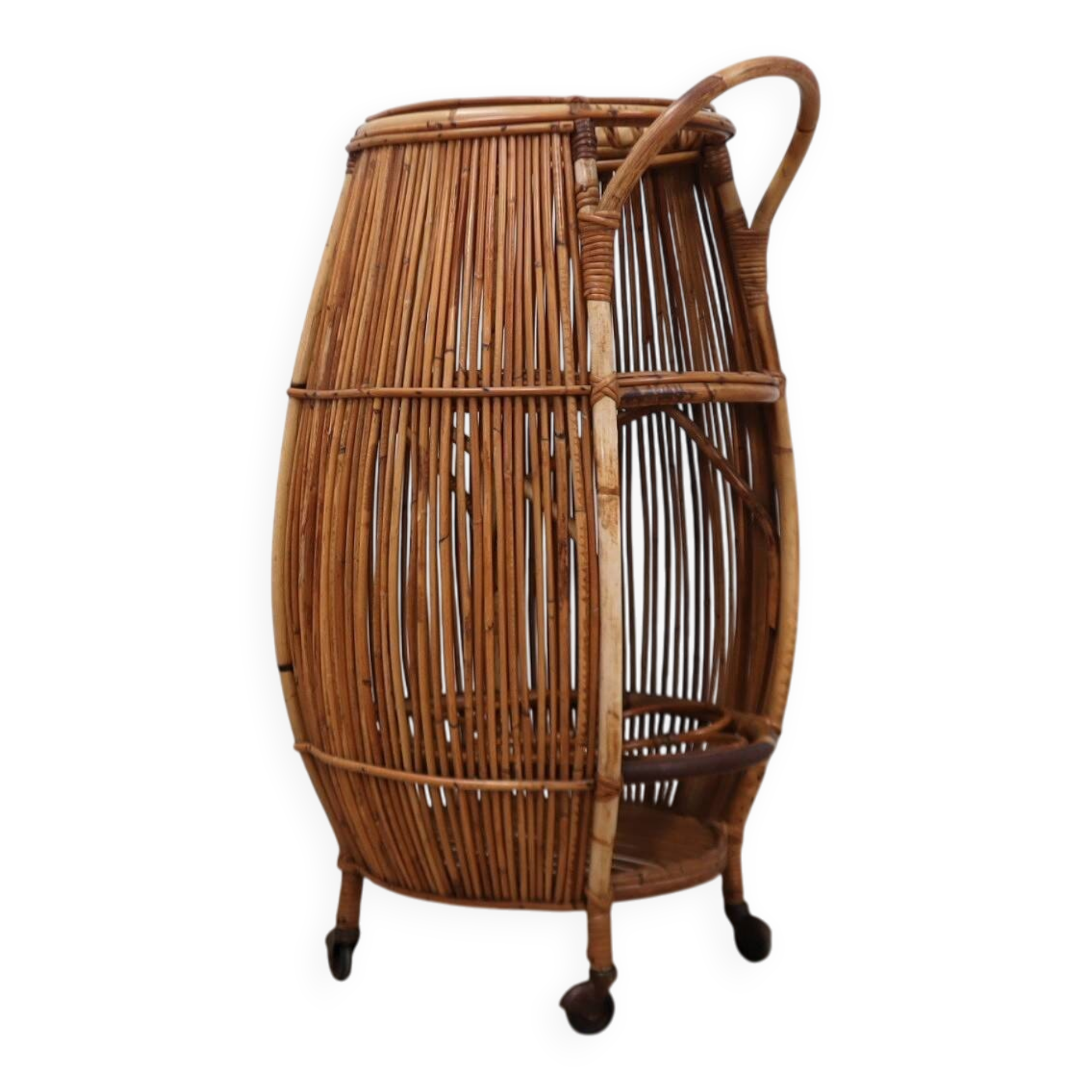 1960s Italian mid-century modern rattan barrel bar cart