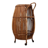 1960s Italian mid-century modern rattan barrel bar cart