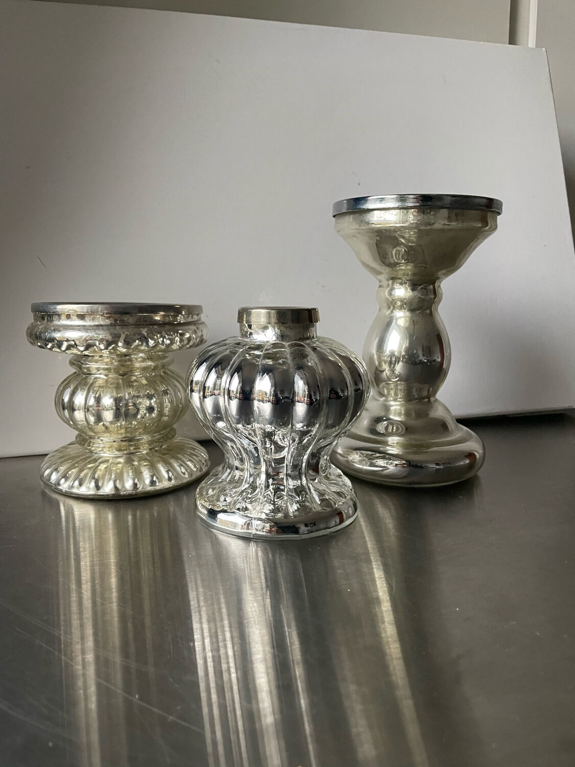 Set of 3 vintage mercury glass candleholders