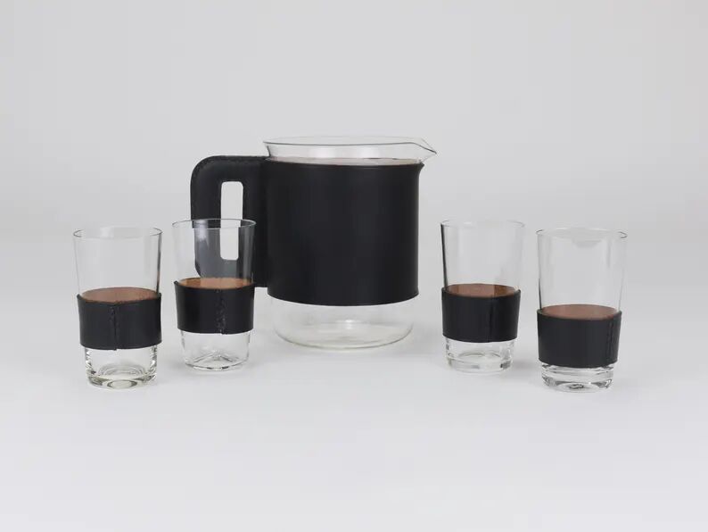 Carl Auböck Martini Set Black Leather Pitcher & Glasses, Austria, 1950s